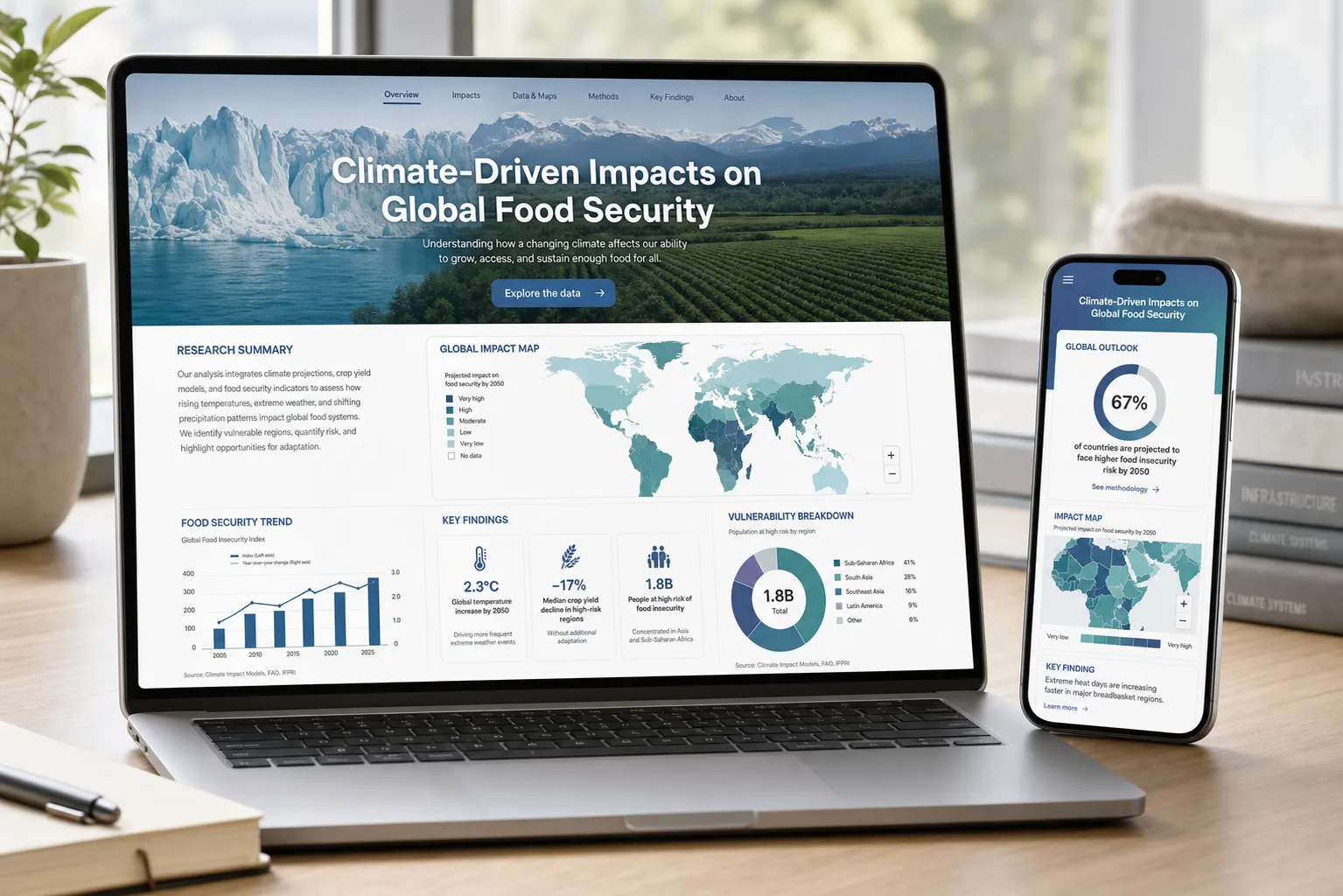 Interactive climate and food security research microsite displayed across desktop and mobile