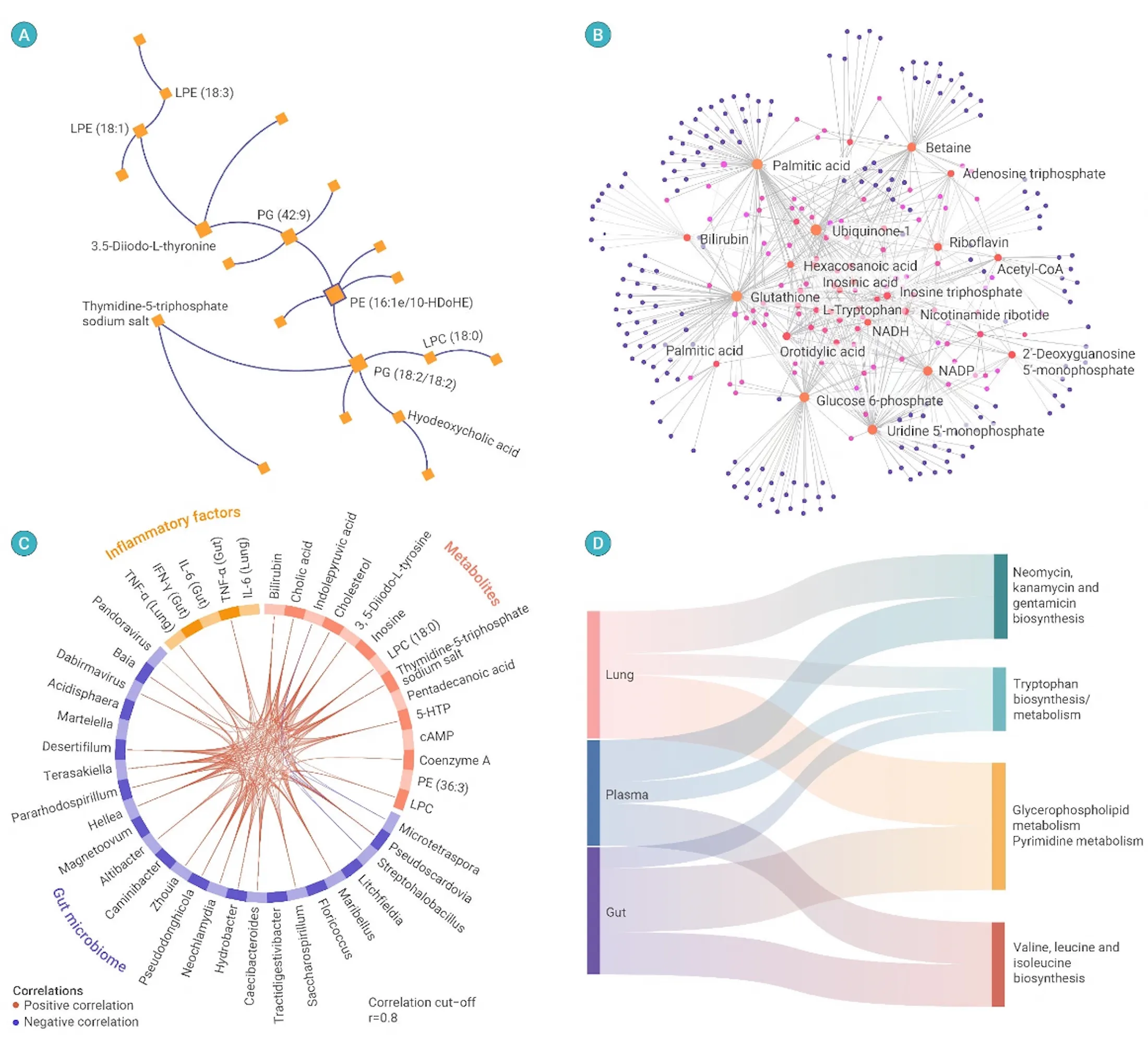 Scientific data visualization combining a metabolite tree, association network, circular correlation diagram and Sankey flow plot