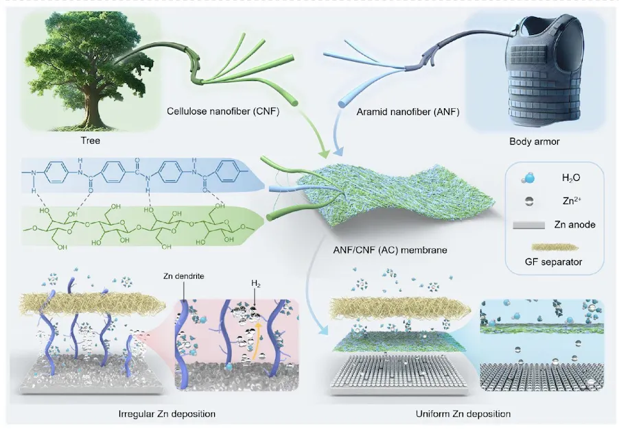 Scientific illustration showing aramid and cellulose nanofibres forming a battery membrane that promotes uniform zinc deposition