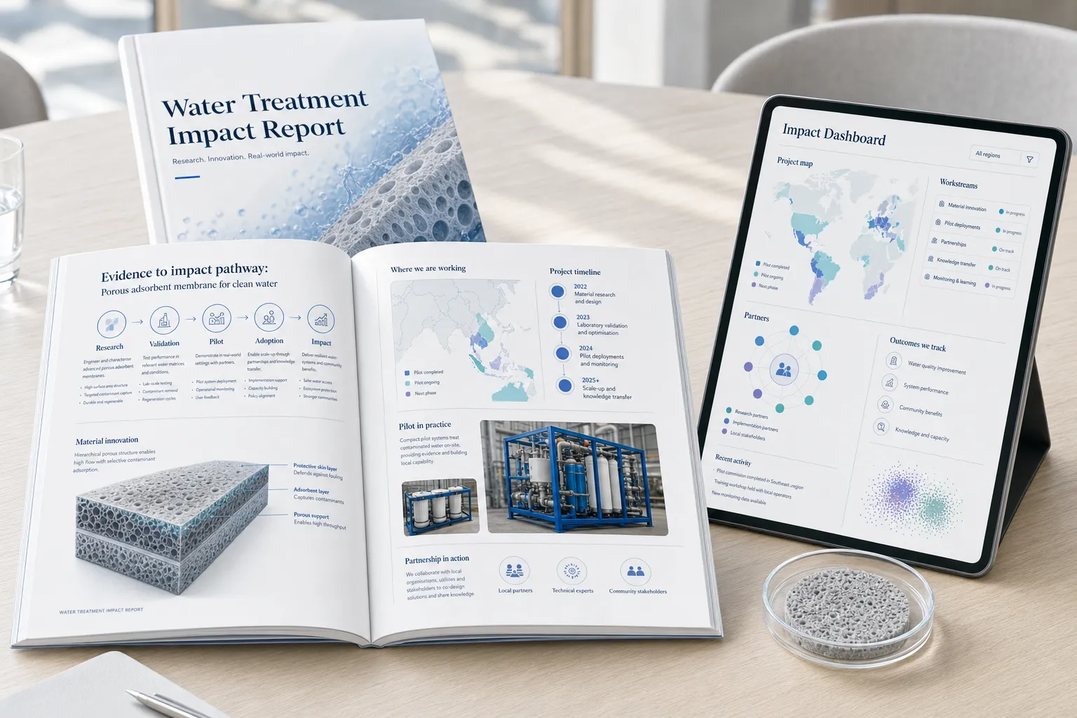 Water treatment impact report, interactive dashboard and porous membrane sample presented on a strategy meeting table